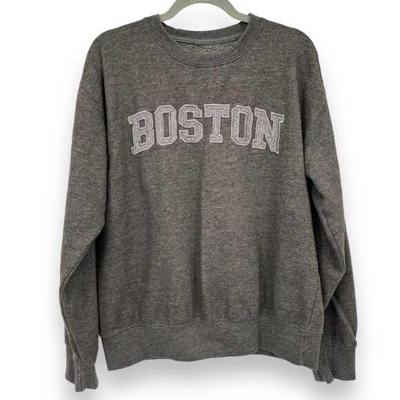 New York Popular Women's Large 'Boston' Embroidered Gray Crew Neck Sweater - Picture 1 of 4